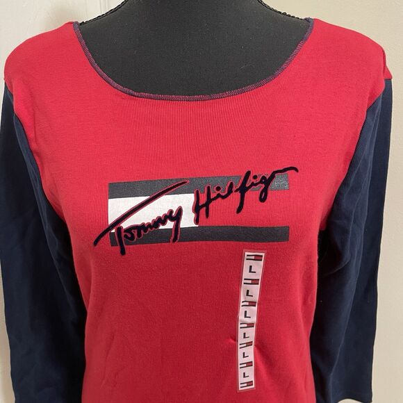 Vintage Tommy Jeans Top 3/4 Sleeve Red‎ Blue Logo NWT RARE Y2K Deadstock Large - Picture 2 of 8